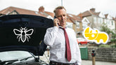 Man on phone with broken down car asking about Jump Starters