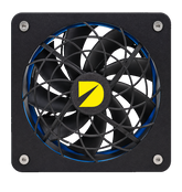 DURST Cool 120 120mm cooling fan, front view with spiral grill and blue gasket