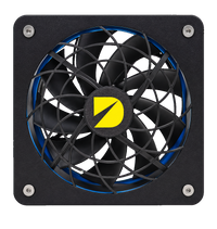 DURST Cool 120 120mm cooling fan, front view with spiral grill and blue gasket