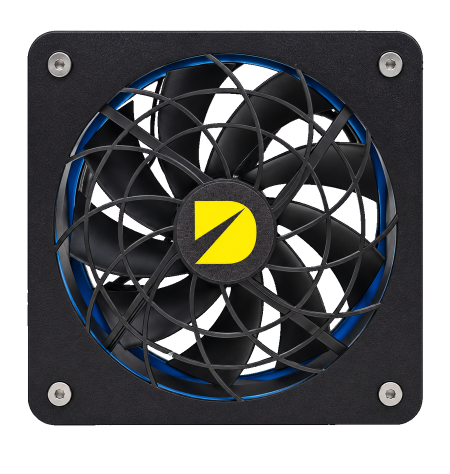 DURST Cool 120 120mm cooling fan, front view with spiral grill and blue gasket