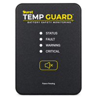 DURST Temp Guard TG-100 battery safety monitor, front view showing STATUS, FAULT, WARNING and CRITICAL lights and the TEST/SILENCE button