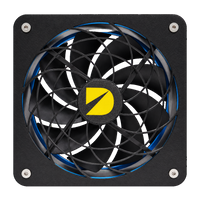 DURST Cool 140 140mm cooling fan, front view with spiral grill and blue gasket