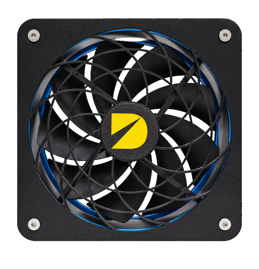 DURST Cool 140 140mm cooling fan, front view with spiral grill and blue gasket
